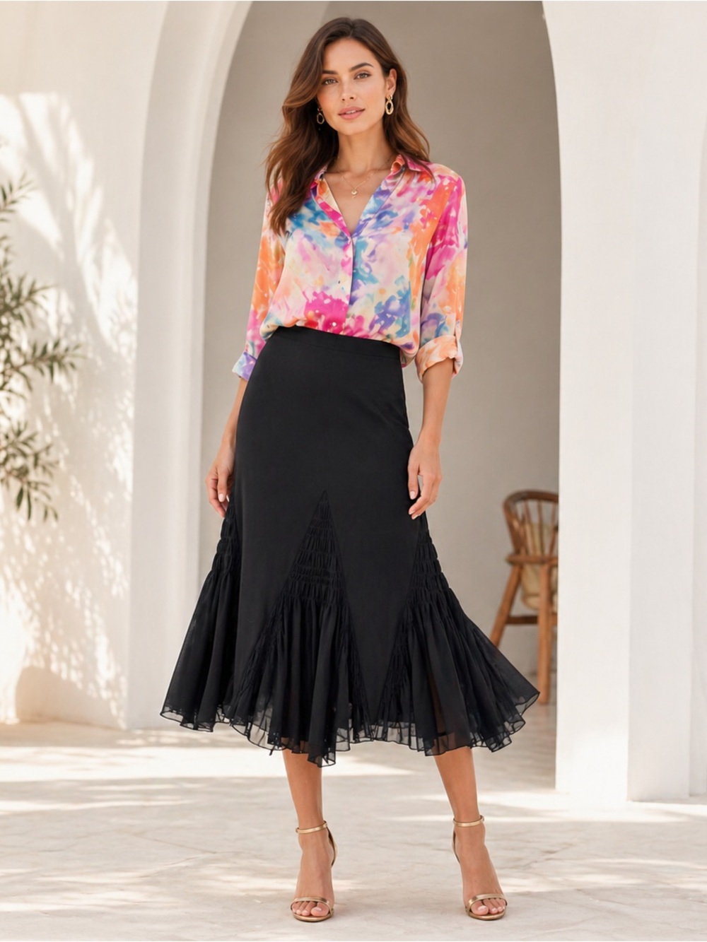 Black Flounce Godet Hem Midi Skirt Size 12 Sheer Mesh Overlay Side Zip Lined